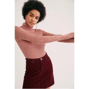 Free People Pretty in Pointellen Knit Ribbed Turtleneck Sweater Bodysuit Pink L